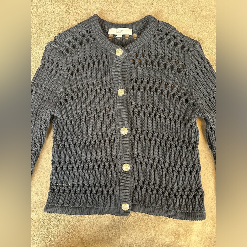 LOFT Women’s XS Black Open Stitch Knit Cardigan Button Front Sweater Crew Neck - Picture 8 of 12